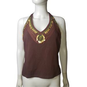 Y2K MODA INTERNATIONAL Brown Beaded Sequinned Halter Bra Top Womens Size Large